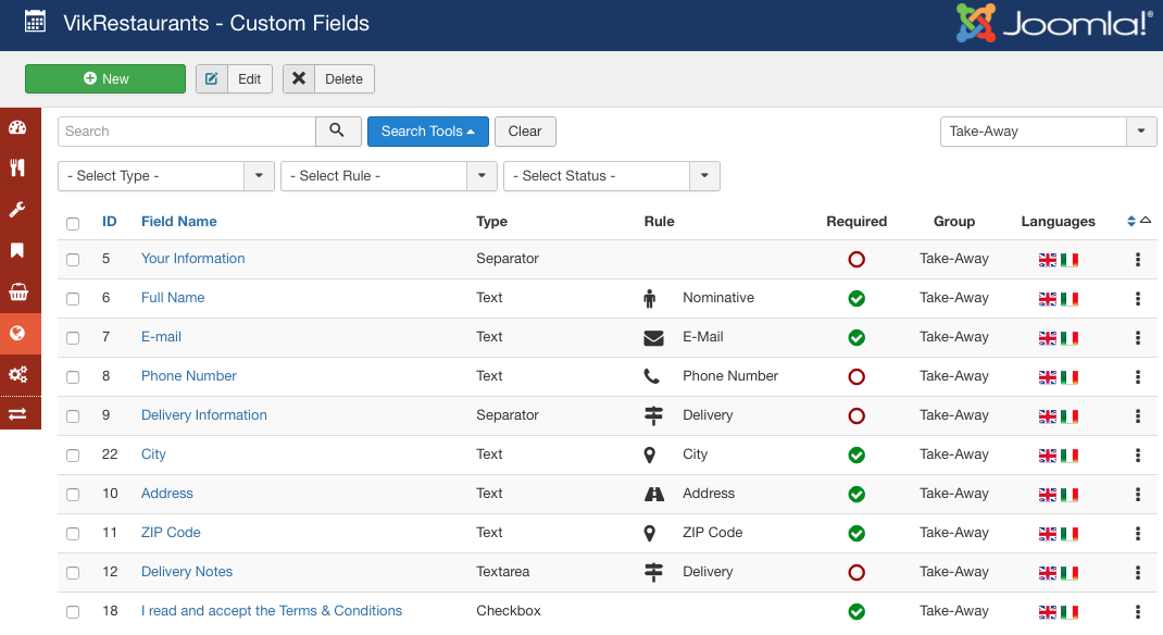 VikRestaurants - Custom Fields Filters