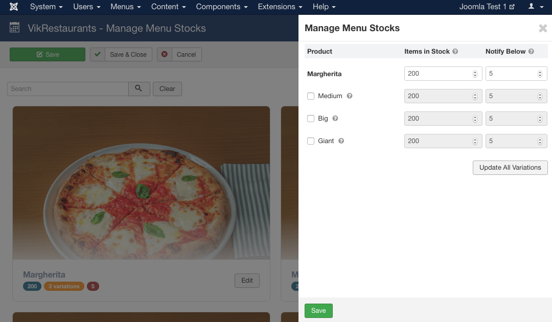 VikRestaurants - Manage Menu Stocks