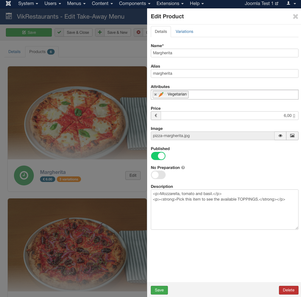 VikRestaurants - Menu Product Management